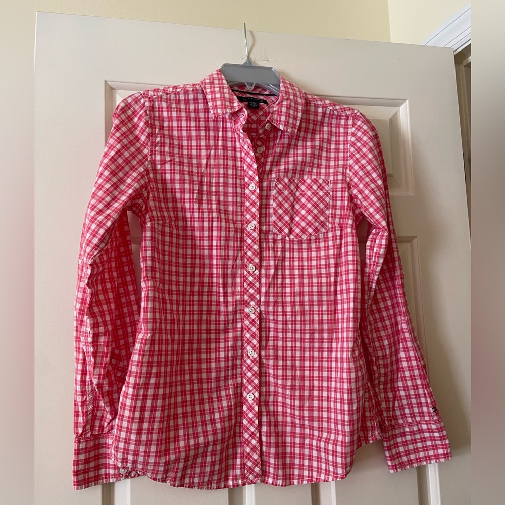 Pink and white checked long sleeve button down shirt
